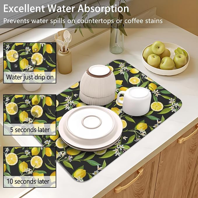 Dish Drying Mat 2-Pack in Black Lemon for Kitchen Counter Dishes Mat | Diatom Mud Mats (18x24, 19.5x12"). Non-slip rubber back for kitchen counter, coffee bar & sink scenes