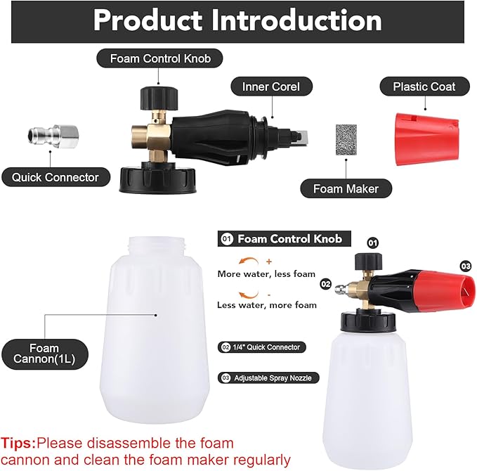 Foam Cannon for Pressure Washer, 5000 Psi, 1L, 6 Nozzles | 2-In-1 Foam And Rinse, Dual Connector, Adjustable Foam Output, 1/4" Quick Connect, Rust-Resistant Build
