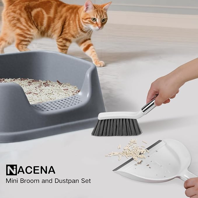 NACENA Mini Broom and Dustpan Set, Small Dust Pan and Brush Set, White&Gray | Dust Pan and Brush Set with Handle Dustpan Teeth for Cleaning Hair Suitable for Office Desks Drawers Sofas Outdoor Camping