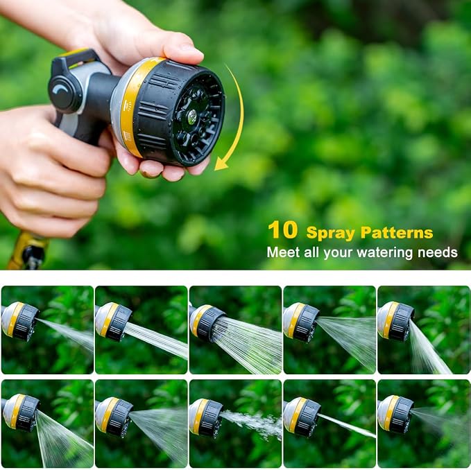 FANHAO Metal Thumb Control Garden Hose Nozzle Heavy Duty, 10 Spray Patterns | Rustproof Leak Proof, Comfortable Non-Slip Handle, High Pressure Hose Sprayer for Watering Plants, Car & Pet Washing, Yellow