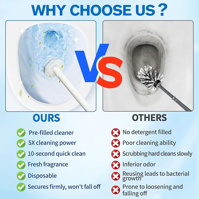 Disposable Toilet Brush Set - Toilet Bowl Wand Refills with Toilet Cleaners, Disposable Brush Heads with 5X Cleaning Power, Includes 60 Refill Heads for Clorox Toilet Brush, Wand & Storage Caddy