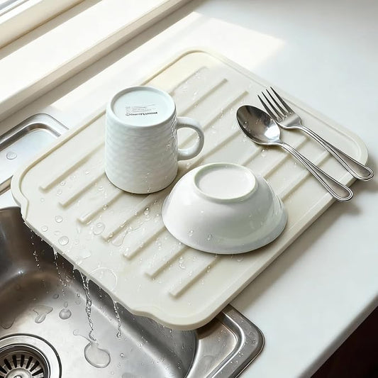 Silicone Dish Drying Mat, Drainage Spout, Extra Thick | Extra Thick 1.1" Silicone Mat , Drainage Spout , Heat Resistant Counter Protector , Sink & Coffee Station Use