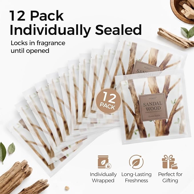 12 Pack Sandalwood Scented Sachets, Air Freshener for Small Spaces | Hanging Sachet Bags with Retractable Hook; Closet Deodorizer & Odor Eliminator for Drawers, Shoe Cabinets, Cars & Luggage