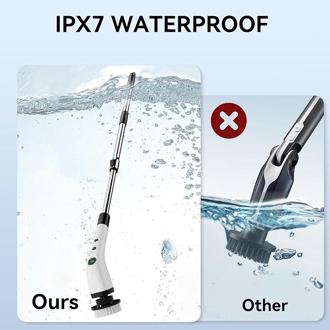 Electric Bathroom Cleaning Brush Cordless Shower Scrubber SD-CTB01 | Spin Scrubber Full Body Waterproof IPX7 with Adjustable Handle, 8 Replaceable Brush Heads for Bathtub/Kitchen/Window/Home