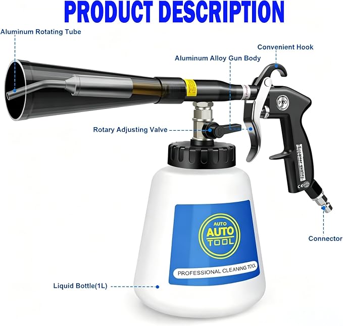 Car Cleaning Gun, Tornado Car Cleaning Gun, High-Pressure Air Blow Gun with Brass Nozzle &1L Liquid Bottle-Metal Dump Tube Works with Air Compressor for Deep Cleaning Interiors, Dirt & Dust Removal