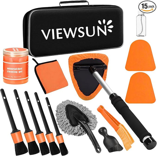 Windshield Cleaner Tool, 15Pcs Car Interior Cleaning Kit, Detailing Kit Cleaner, Detailing Brush, Cleaning Gel, Inside Cleaning Supplies Accessories for Trucks, SUVs, RVs Window