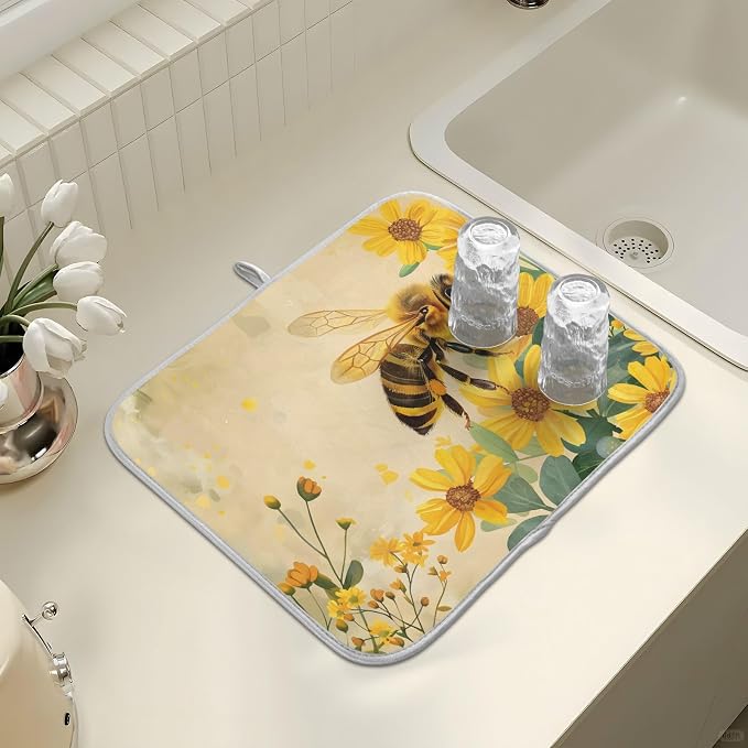 Honey Bee Dish Drying Mat for Kitchen Counter Absorbent Microfiber Small Drying Pad Dish Yellow Flowers Leaves Mats for Kitchen Countertops 16 x 18 Inch