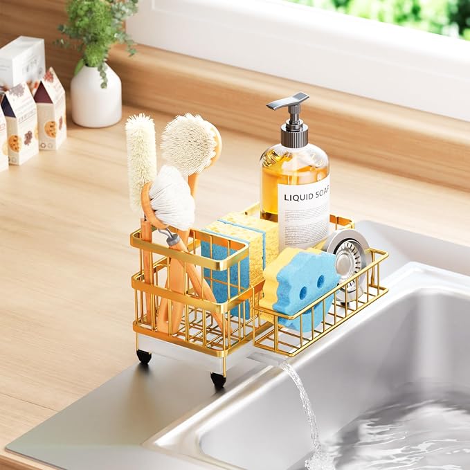 Consumest Sponge Holder for Kitchen Sink - Auto Draining Sink Caddy Organizer with Detachable Rack, High Brush Holder, Kitchen Countertop Storage Accessories, Gold