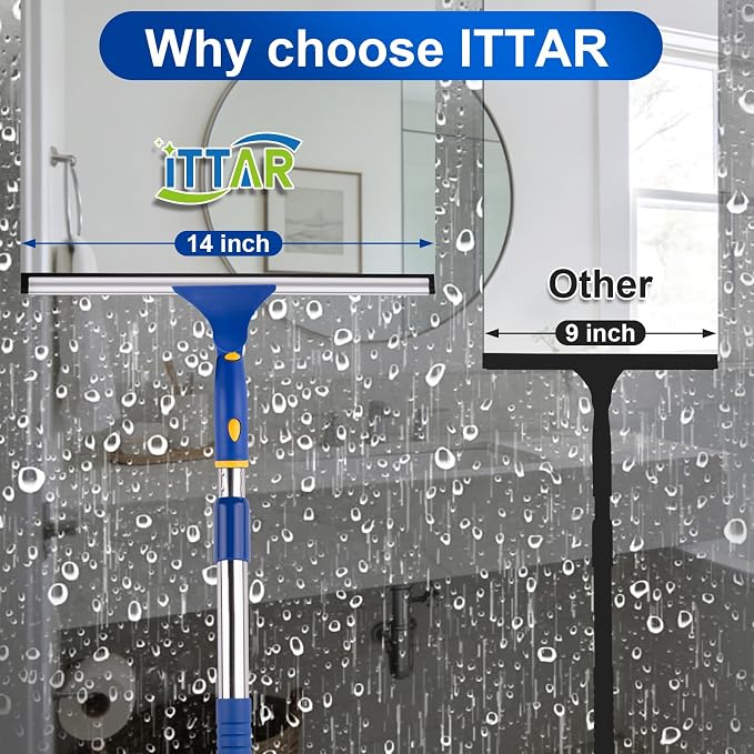 ITTAR 14 inch Rotatable Shower Squeegee for Glass Doors, Multi-Purpose Window Squeegee with Refill Rubber Blade, Bathroom Cleaner Tool for Shower Door Window Mirror Wall Car Windshield