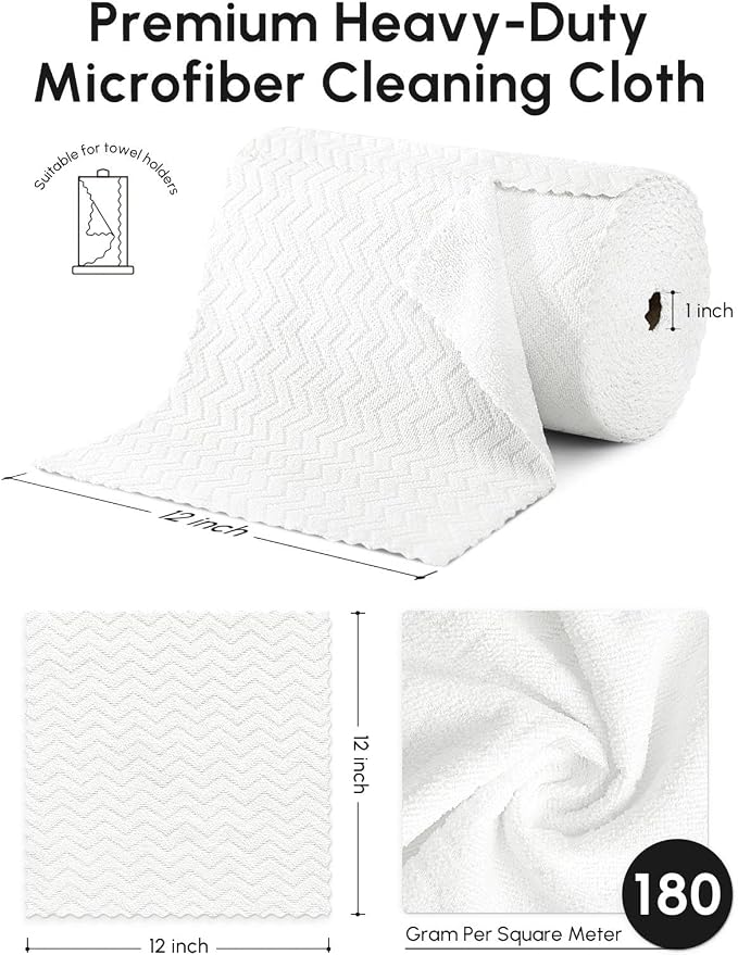 Microfiber Cleaning Cloths Roll, 75 Pack Tear Away Microfiber Towels Roll, 12" x 12" Lint Free Rags, Reusable Cleaning Cloths, Washable, Scratch Free,Ultra Absorbent Dish Rags(White Ripple)