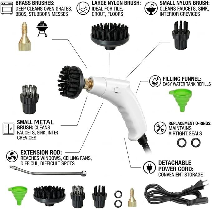 Foandbevi 1200W Handheld Steam Cleaner with 6 Adjustable Levels, 105℃ High-Pressure Portable Steam Cleaning Machine for Car Detailing, Tile Grout, Couch, Mattress, Bed & Home - 6 in 1 Attachments
