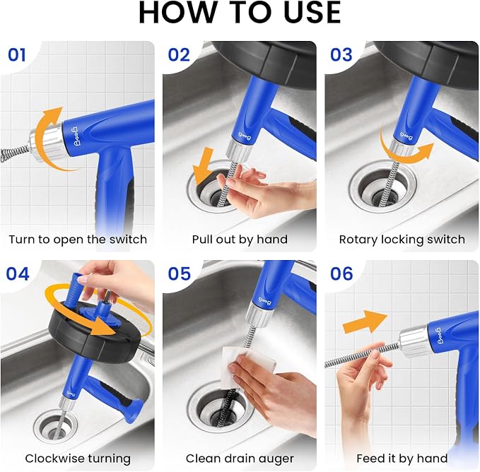 XJX Drain Auger, Plumbing Snake with Drill Adapter, 25FT Flexible Steel Drain Clog Remover, Manual or Powered for Kitchen, Bathroom & Shower Sink, with Gloves and Storage Bag Blue