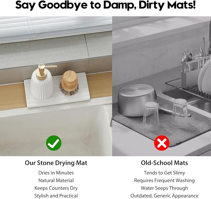 3 Pack Water Absorbent Diatomite Coasters, Stone Drying Mat for Kitchen Counter, Bathroom Sink Organizer Tray, Compact Vanity Rack, Soap Holder Caddy, Faucet Splash Guard, White 8"x3.8"