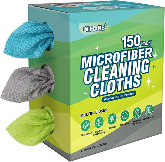 UNIMADE Microfiber Cleaning Cloth, 150 Pack Microfiber Towels for Cars | Reusable Paper Towels Lint Free Shop Rags with Box for Home Kitchen Automotive, 11"x 9", Blue & Grey & Green