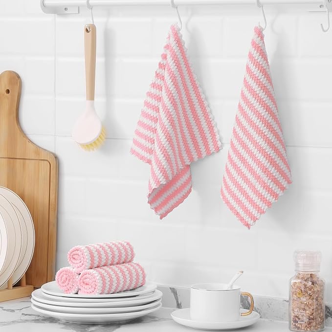 Homaxy 12 Pack Kitchen Dish Cloths, Ultra Soft and Absorbent Dish Towels, Reusable Fast Drying Microfiber Cleaning Cloth, Coral Velvet Wave Design No-lint, 10 x 10 inches, Pink