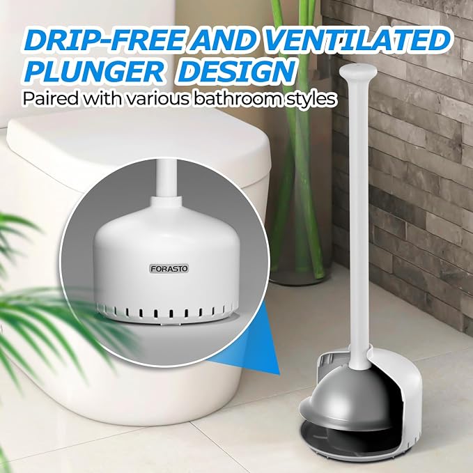FORASTO Toilet Plunger with Holder - Heavy Duty Bathroom Cleaning Tools | Plungers for Bathroom, Toilet Bowl Cleaners, Apartment Must Haves, Bathroom Decor Accessories, Home Essentials, Pearl White
