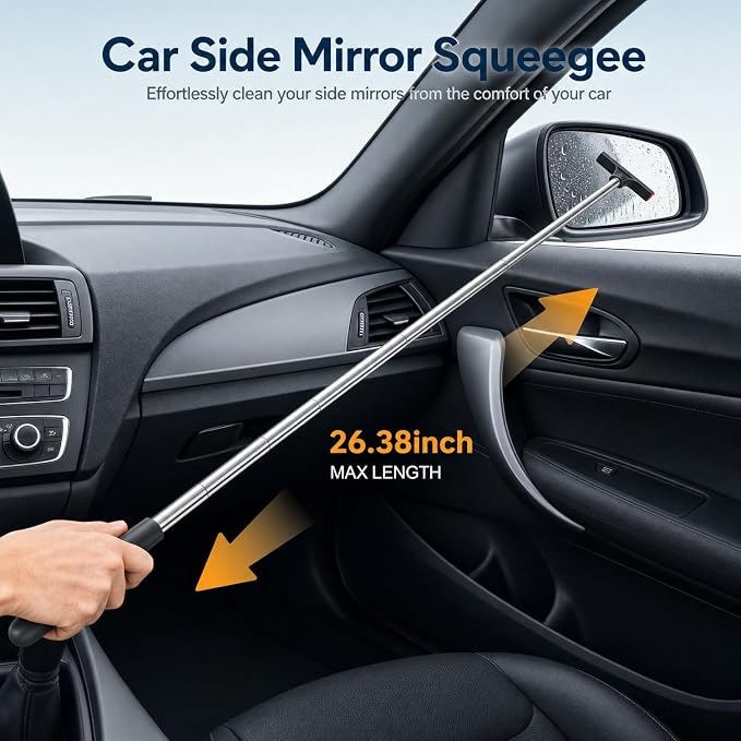 9 PCS Windshield Cleaning Kit,Car Cleaning Kit Interior Cleaner Extendable Car Window Cleaner with Mirror Squeegee,Microfiber Pads,Spray Bottle & Storage Bag for Auto Interior Detailing