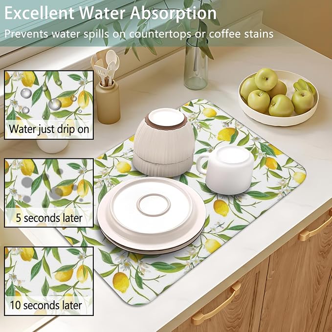 Dish Drying Mat 2-Pack with Lemon for Kitchen Counter Absorbent Dishes Mat | Diatom Mud Mats (18x24, 19.5x12"). Non-slip rubber back for kitchen counter, coffee bar & sink scenes