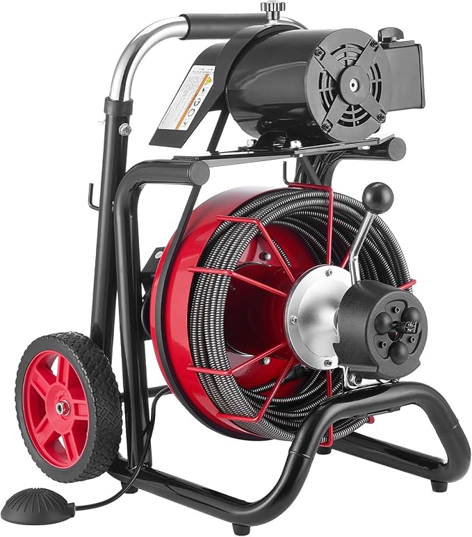 VEVOR Drain Cleaner Machine 100FT x 3/8 Inch, Auto Feed Sewer Snake Auger on Wheels, 370W Portable Drain Cleaning Machine with 8 Cutters & Air-activated Foot Switch for 2" to 4" Pipes