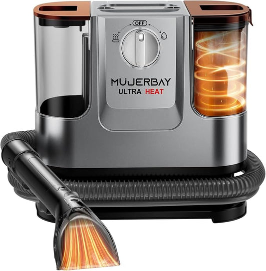 Upholstery Carpet Cleaner Machine, MUJERBAY UltraHeat 12Kpa Portable Spot and Stain, Easy Move with Universal Wheels & Handle, 1.18-inch Deep Cleaning Machine for Couch, Stairs, Car and Pet Messes.