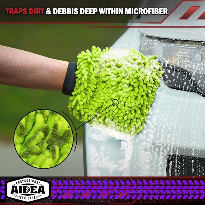 AIDEA Car Wash Mitt Microfiber, 2PK, Car Wash Brush, 8''X12'' | Scratch Free Lint-Free, Premium Chenille Microfiber Mitt, Extra Large Size, Green & Blue