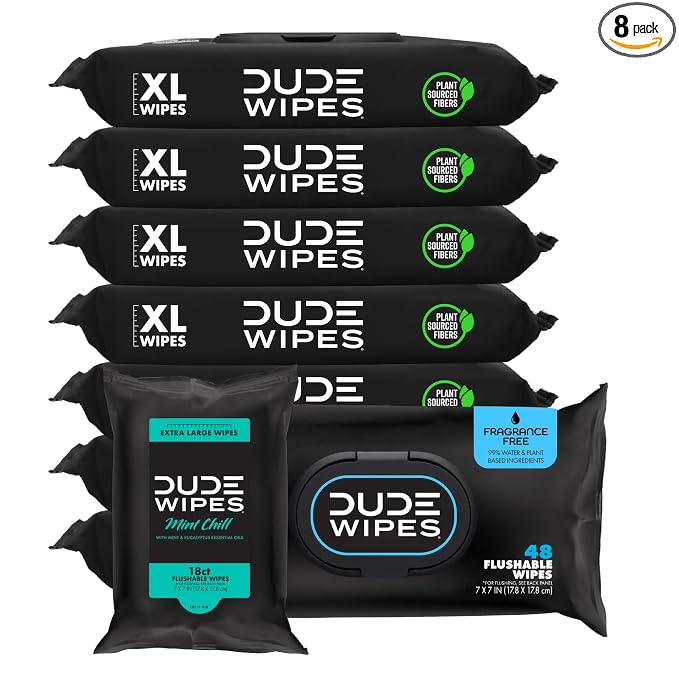 DUDE Wipes Unscented Flushable Wipes - Extra-Large Adult Wet Wipes for Sensitive Skin - 8 Pack (384 Count) + Mint Travel Pack (18 Count) - Infused with Vitamin E and Aloe - Septic and Sewer Safe