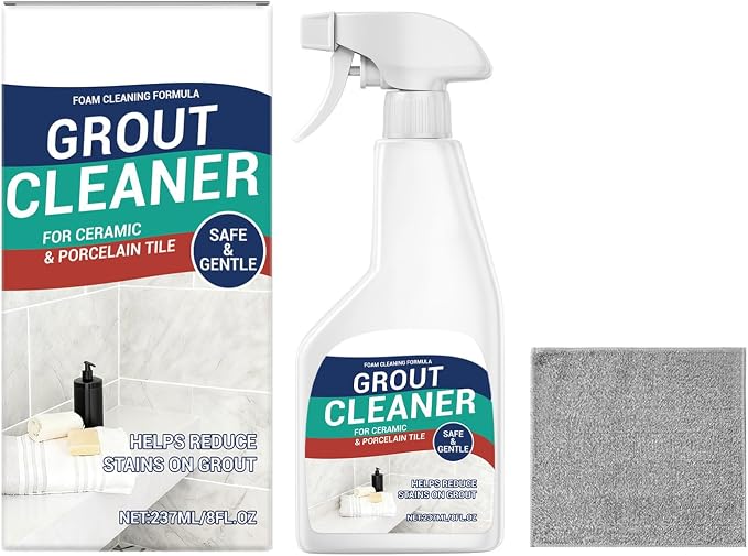 Grout Cleaner Spray 8 fl.oz, Foam for Ceramic & Porcelain Tile | Foam formula for tile grout, kitchen, bathroom & shower; helps remove stains & dirt; includes cleaning cloth; 8 fl.oz