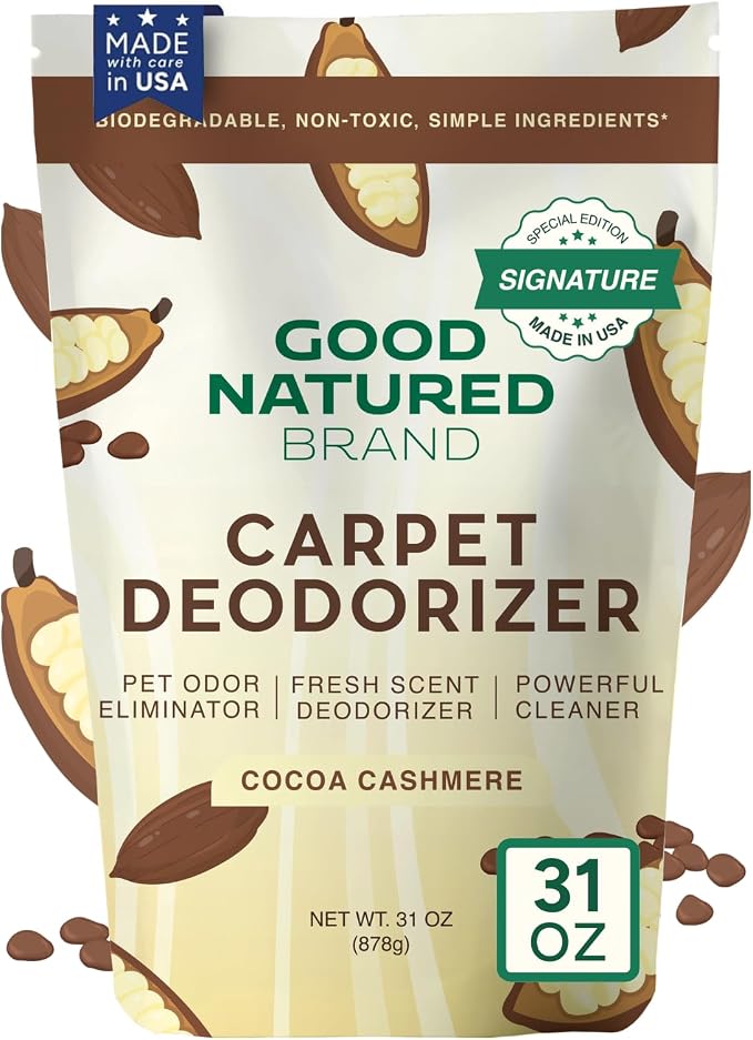 Good Natured Brand | Carpet Deodorizer & Freshener Powder | 31 oz Pet Odor Eliminator for Strong Odor & Pet Urine | Fresh Natural Cocoa Cashmere Scent | Safe for Homes with Pets