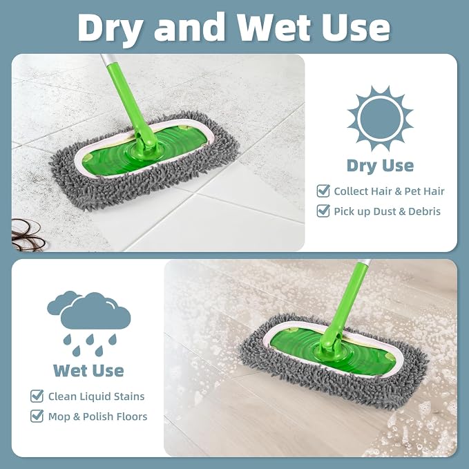 6 Pack Reusable Mop Pads Compatible with Swiffer Sweeper, Washable Wet & Dry Mopping Sweeping Cloth for Multi-Surface Cleaning, Microfiber Chenille Pad Refills (Gray, Not Include MOP)