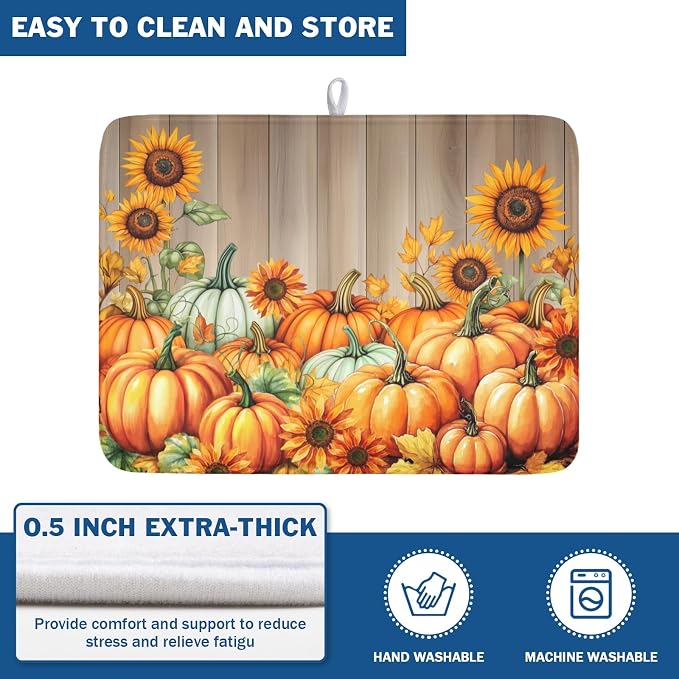 Fall Orang Pumpkin Dish Drying Mat for Kitchen Counter 18 x 24 Inch Autumn Sunflower Dish Drainer Mat Absorbent Microfiber Thanksgiving Wooden Dish Rack Pad for Coffee Dining Bar Decor