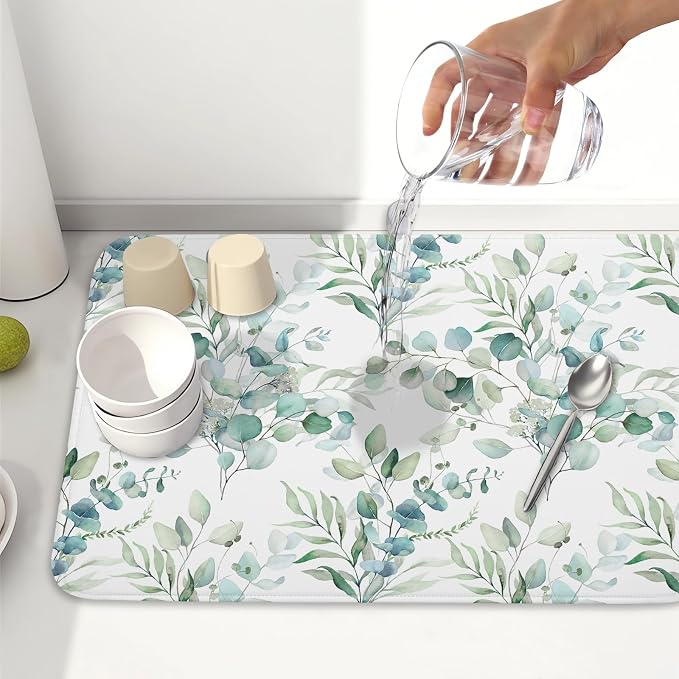 Sage Green Leaves Dish Drying Mats for Kitchen Counter 18x24 Inch, Leaves Kitchen Drying Mat,Watercolor Herbs Dishes Pad Dish Drainer Rack Mats Absorbent Fast Dry Kitchen Accessories