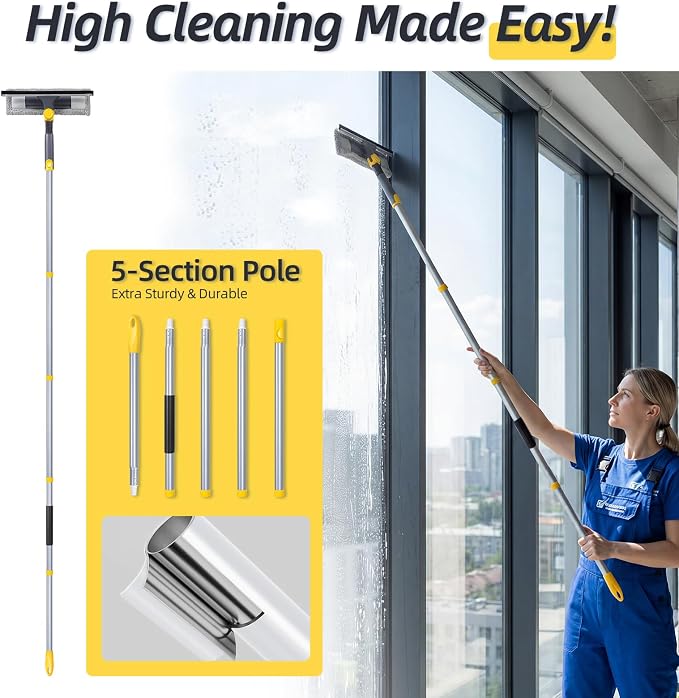 Masthome 77" Squeegee for Window Cleaning | 2-in-1 Window Cleaning Kit, 180° Lockable Rotating Head, Adjustable Pole for High Window