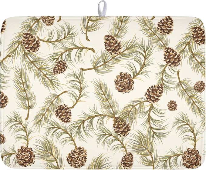 Winter Pine Cone Dish Drying Mat for Kitchen Counter Christmas Pinecone Pine Tree Branches Dish Drainer Mat Xmas Holiday Rustic Absorbent Washable Drying Pad 18"x24"