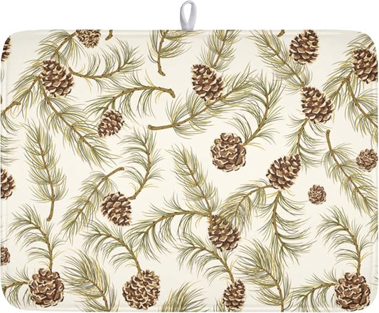 Winter Pine Cone Dish Drying Mat for Kitchen Counter Christmas Pinecone Pine Tree Branches Dish Drainer Mat Xmas Holiday Rustic Absorbent Washable Drying Pad 18"x24"