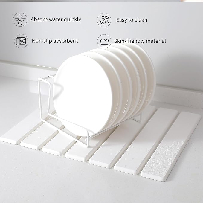 Large Stone Dish Drying Mats for Kitchen Counter 16"(L)×12"(W) Foldable Quick Dry Stone Dish Drying Mats Kitchen Absorbent Diatomaceous Earth Drying Stone Mat for Dishes Bottles Cups White
