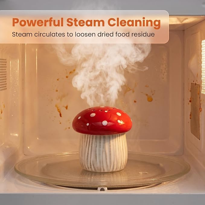 Ceramic Mushroom Microwave Steam Cleaner with Vented Lid for Easy Cleaning | Ceramic microwave steam cleaner with a vented lid uses heated vinegar steam to help loosen food residue for easier cleaning.