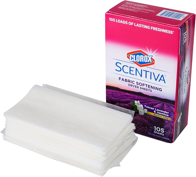 Clorox Scentiva Fabric Softener Dryer Sheets, Tuscan Lavender & Jasmine Scent - Wrinkle Reducing Scented Softening Laundry Dryer Sheets for Great Smelling Clothes, 105 Count