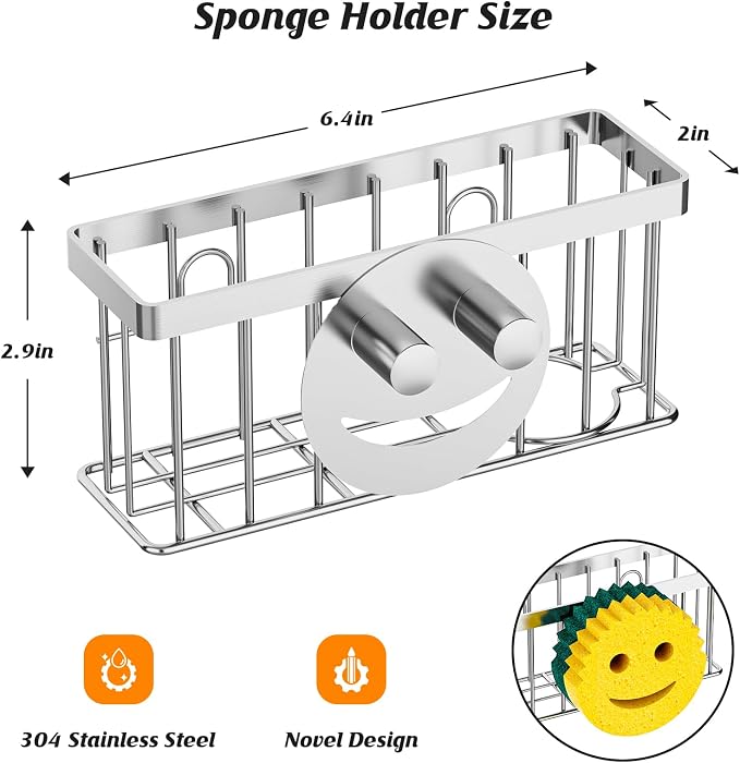 MURLONG Sponge Holder Smiley Face,Sink Caddy for Kitchen Sink,Sponge Holder with 2 PCS Suction Cups/1 PCS Adhesive Strips,Designed for Sponge,Soap,Dish Brush,Scrubber-Silver