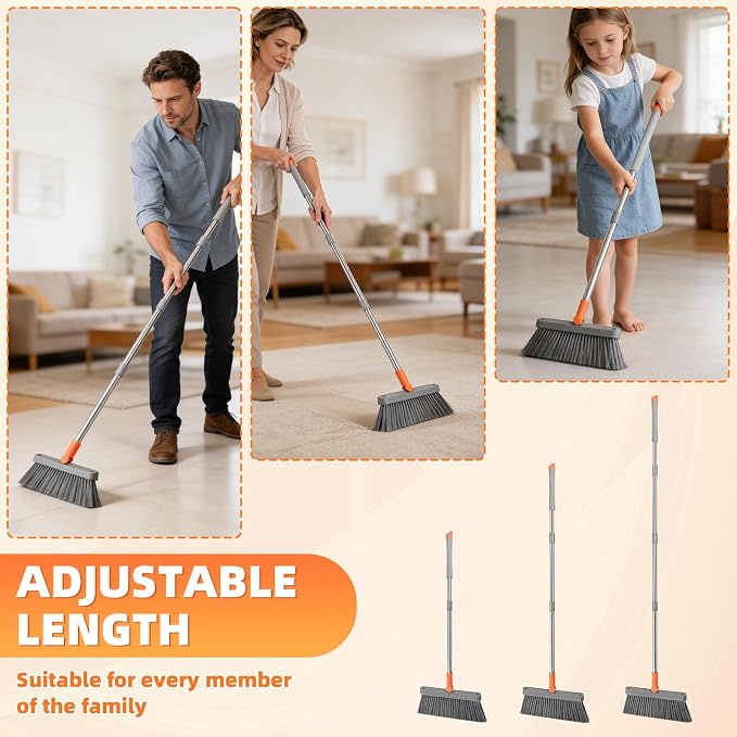 Broom and Dustpan Set, 51 inch Long Adjustable Handle Angle Broom and Dustpan Combo Set with Double Dustpan Teeth to Clean Hair for Home Kitchen Office Lobby, Orange&Grey