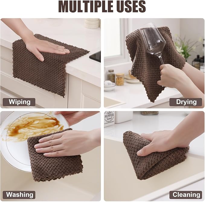 Homaxy 12 Pack Kitchen Dish Cloths, Ultra Soft and Absorbent Dish Towels, Reusable Fast Drying Microfiber Cleaning Cloth, Coral Velvet No-lint Cleaning Rags, 10 x 10 inches, Brown