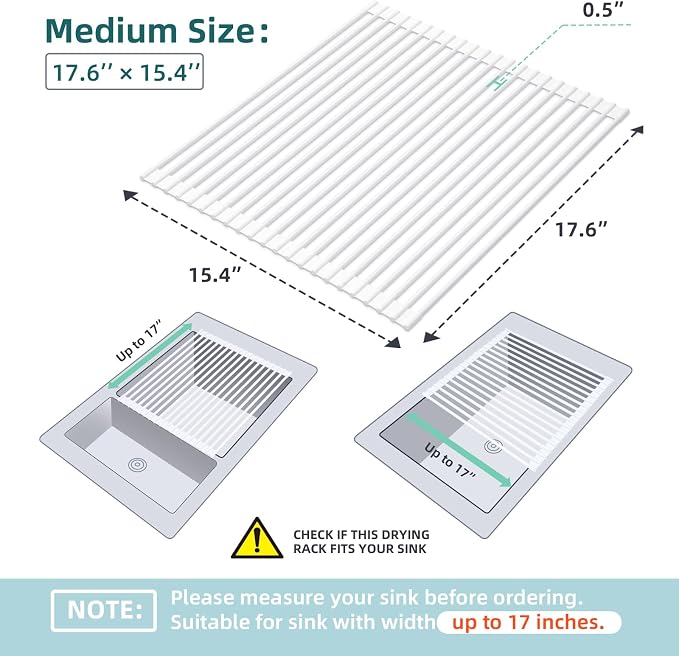 Ohuhu Over Sink Dish Drying Rack, 17.6" W x 15.4" L Roll Up Dish Racks Kitchen Sink Organizer Silicone Wrapped Large in Sink Dish Drying Rack Foldable Rolling Drain Mats Anti-Slip