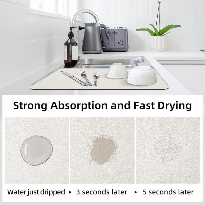 LOPNUR Kitchen Dish Drying Mat, 24"x16" Dish Drying Mats for Kitchen Counter, Diatomite Coffee Mat, Super Absorbent Dish Drying Pad, Heat Resistant Mat with Anti-slip Rubber Backed, Cream White