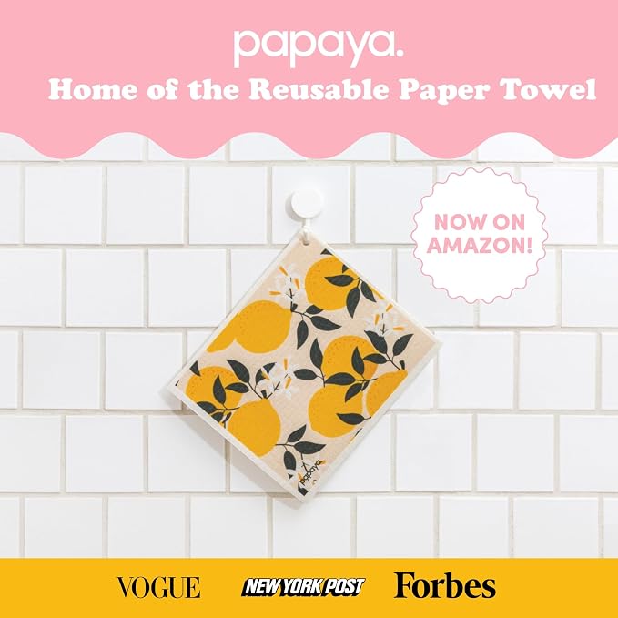 Papaya Swedish Dishcloths for Kitchen, 2 Reusable Paper Towels, 1 Hook