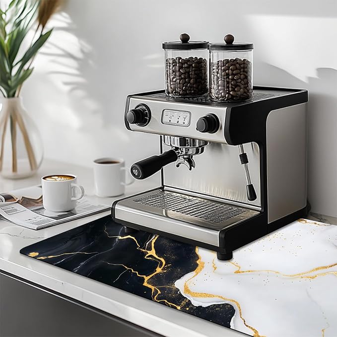 Dish Drying Mat Large Coffee Mat Absorbent Drying Mat for Kitchen Counter Coffee Bar Accessories 32"x 17", White Gold Marble