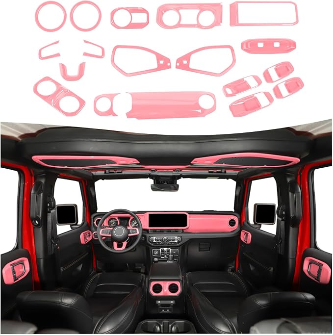 21PCS Full Set Interior Trim Kit for 2024-2026+ Jeep Wrangler JL JLU & Jeep Gladiator JT, Dashboard Side Outlet Door Handle Bowl Headlight Switch Roof Reading Light Cover (Pink)