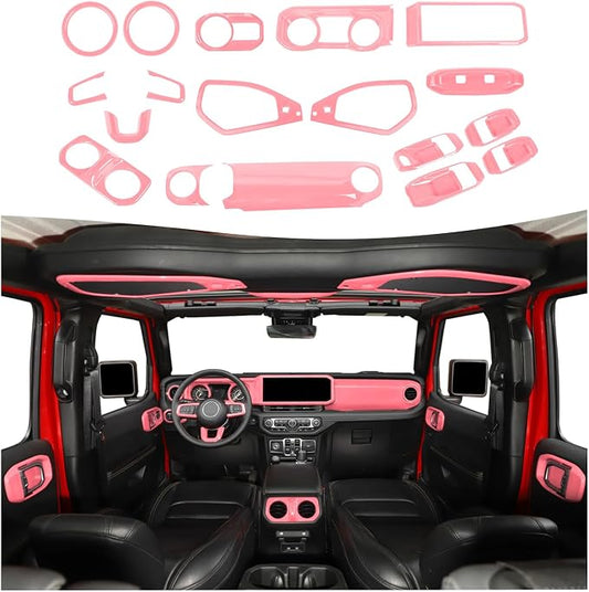 21PCS Full Set Interior Trim Kit for 2024-2026+ Jeep Wrangler JL JLU & Jeep Gladiator JT, Dashboard Side Outlet Door Handle Bowl Headlight Switch Roof Reading Light Cover (Pink)