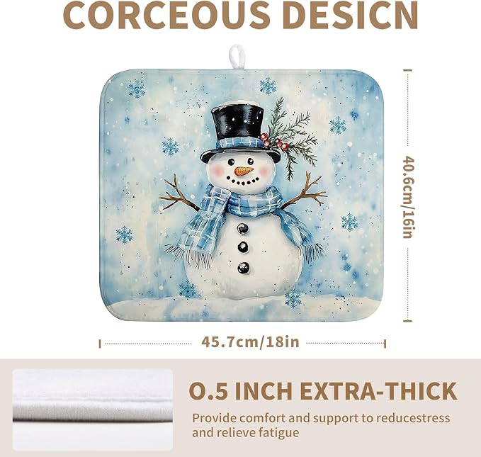 Blue Snowman Snowflake Christmas Dish Drying Rack - 16x18 Inch Absorbent Microfiber Mat for Home Coffee Bar