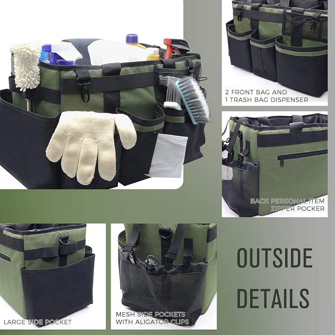 SCAVATA Wearable Cleaning Caddy Organizer with Handle & Shoulder Straps for Housekeepers, Under Sink & Car Cleaning Tool Organizer Bag with 4 Foldable Dividers (Green)