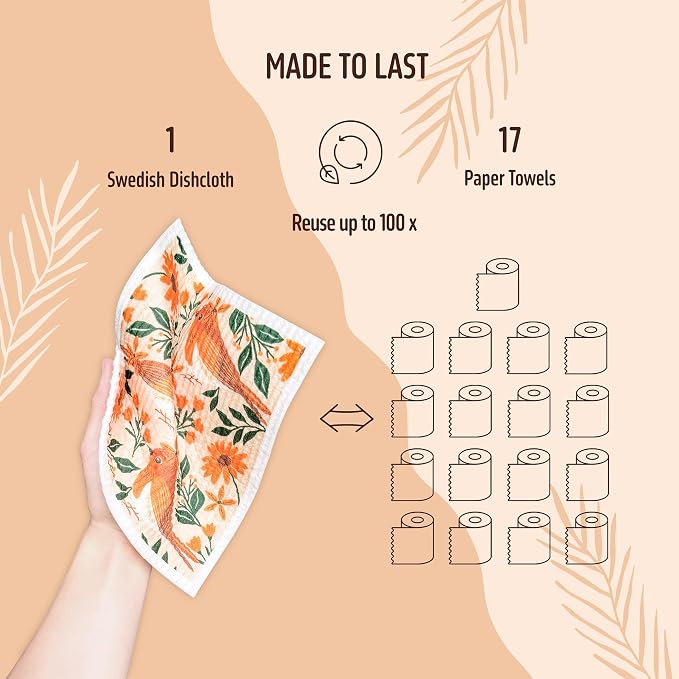 Swedish Dishcloths for Kitchen, 5 Pack Reusable Paper Towels Washable, Super Absorbent Kitchen Towels, No Odor Dish Rags, Biodegradable, Quick Drying, Dishwasher Safe