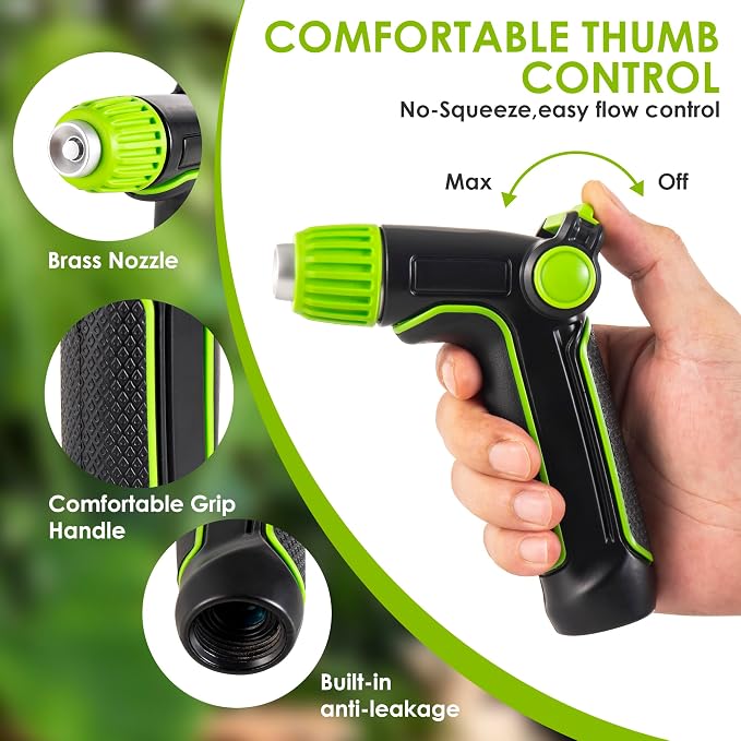 Garden Hose Nozzle with High Pressure, 100% Heavy Duty Metal High Pressure Hose Nozzle with 4 Spray Patterns, Thumb Control On Off Valve for Lawn， Plant Watering, Washing Car,Washing Pet and Home Use
